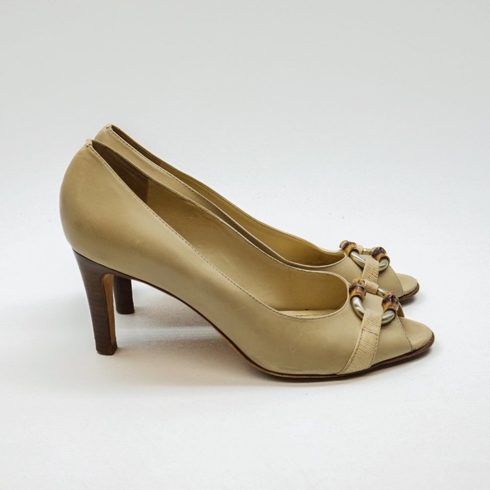 ANN TAYLOR Peep-Toe Pumps w/Silver & Wooden Buckle Accent size 6